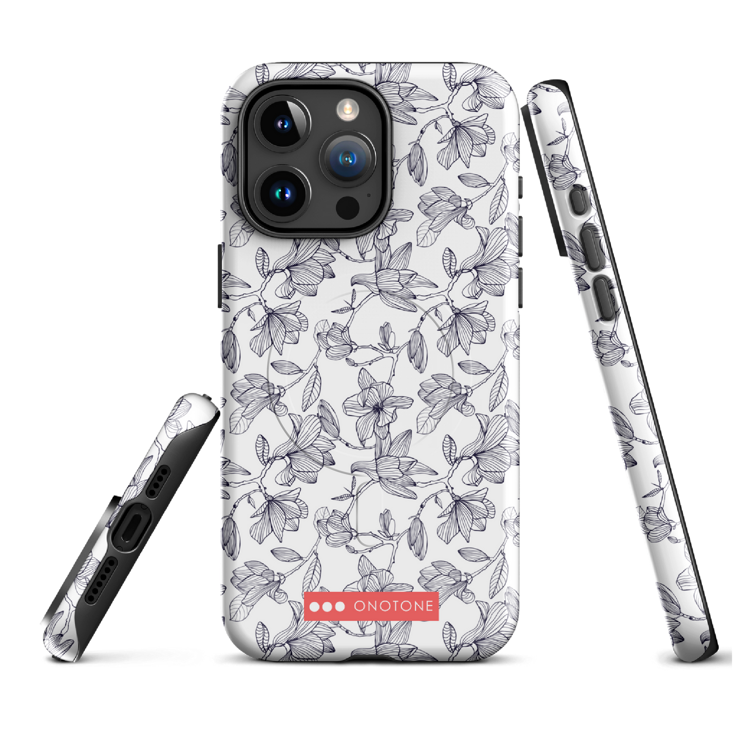 Japanese design indigo iPhone® Case with black flower patterns