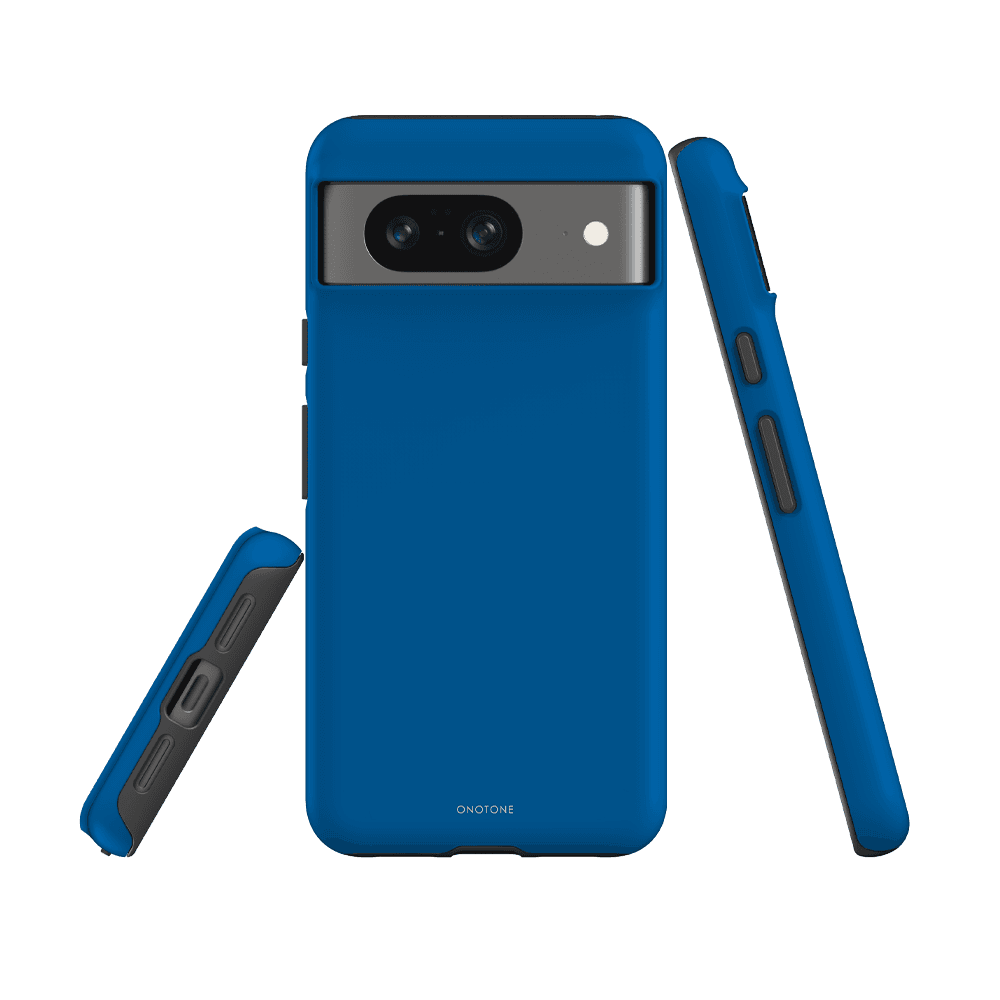 Shock-resistant Google Pixel Case in Pantone 300 blue for Pixel 7. Dual-layer protection with raised bevel and responsive button covers.