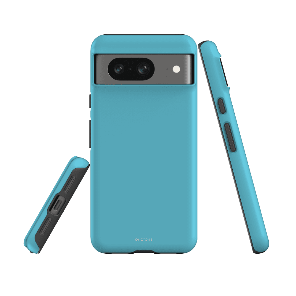 Protective Google Pixel 6 case in Pantone 310 with dual-layered shock absorption. Raised bevel guards screen and camera from scratches.