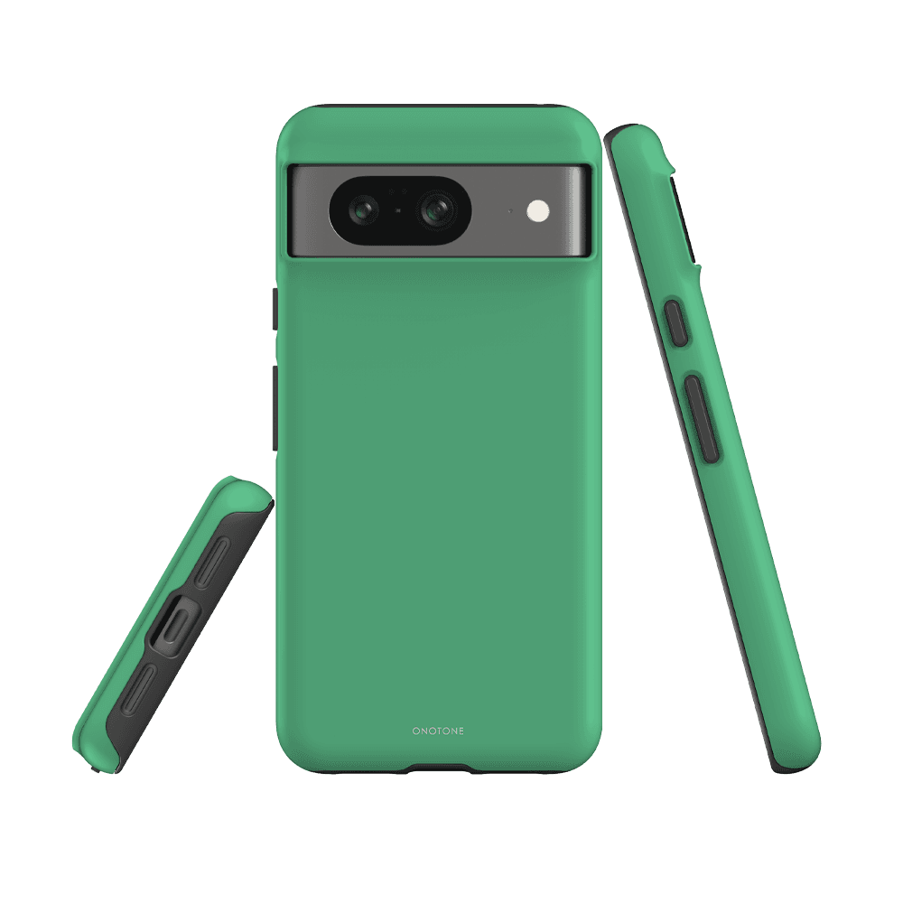 Google Pixel 6 case in Pantone 353 green with shockproof dual-layer design, featuring raised edges and reinforced corners for protection.