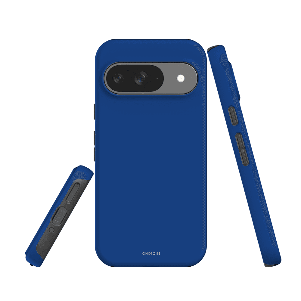 Google Pixel 7a case in Pantone 286 blue featuring a slim, shock-absorbing design with raised edges for screen protection and easy button access.