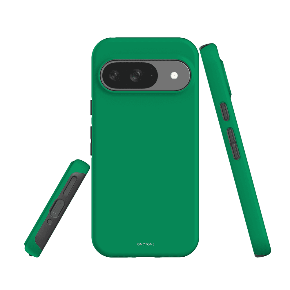 Google Pixel Case Pantone 355 - Dual-layered Protection for Pixel 6a featuring a slim fit, raised bevel, and vibrant green finish.