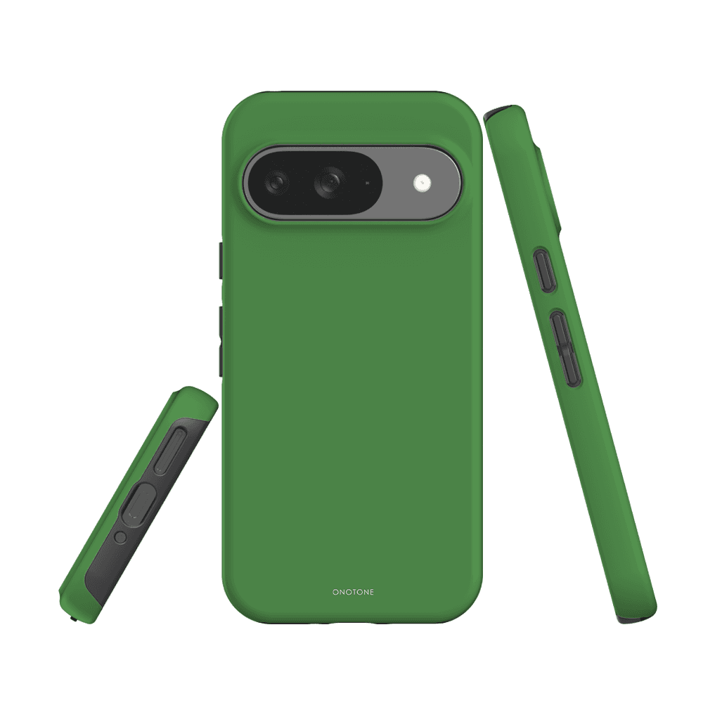 Green Google Pixel Case - Pantone 362 offering dual-layer protection and shock resistance with snug fit and camera cutout.