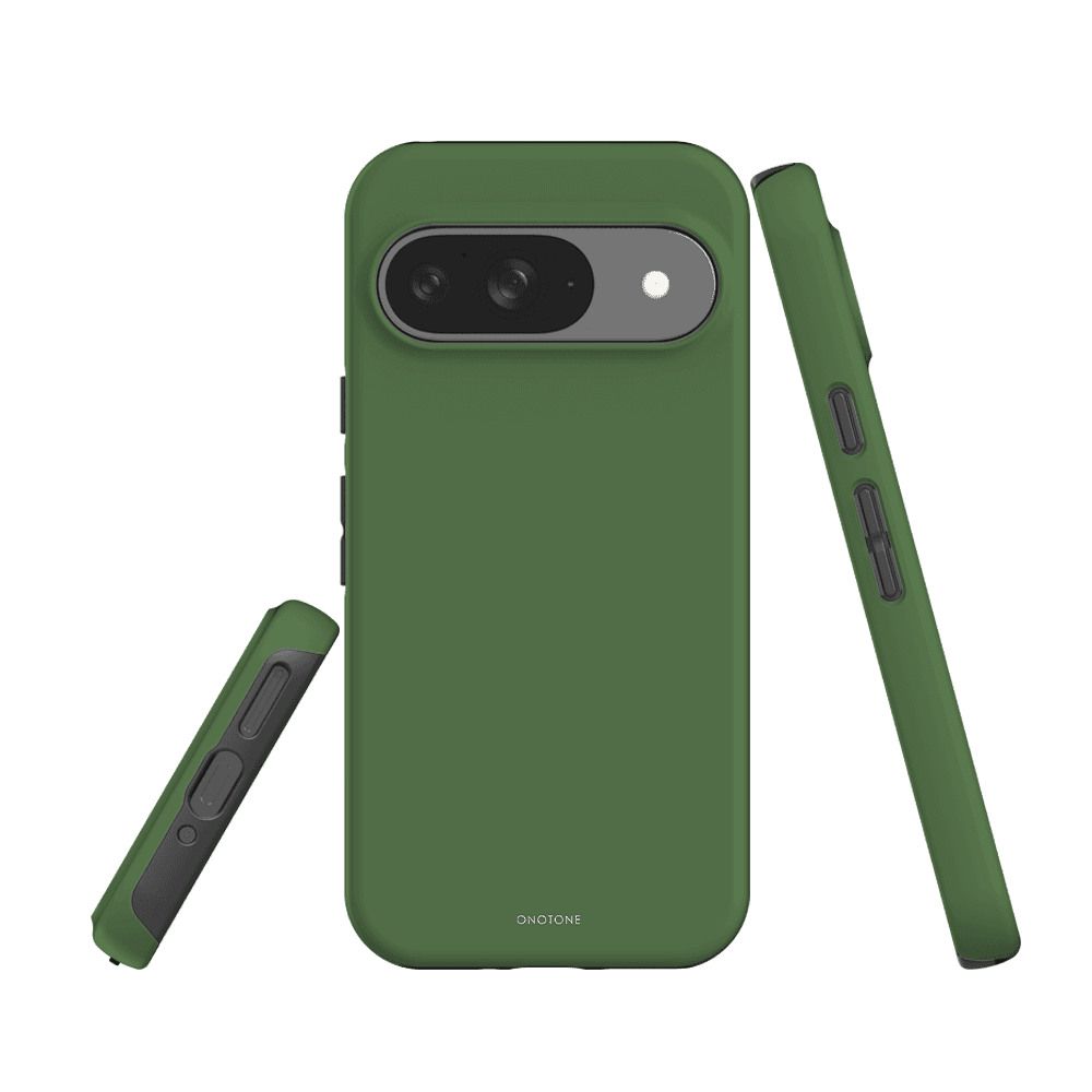 Shock-absorbing Google Pixel Case - Pantone 364 for Pixel 6a. Green dual-layer design with precise cutouts and raised camera protection.