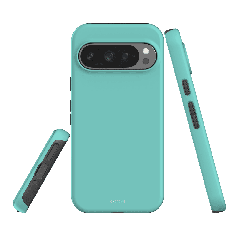 Dual-layer turquoise blue Google Pixel case for Pixel 7 Pro, featuring impact-absorbing design and precise cutouts for camera and buttons.