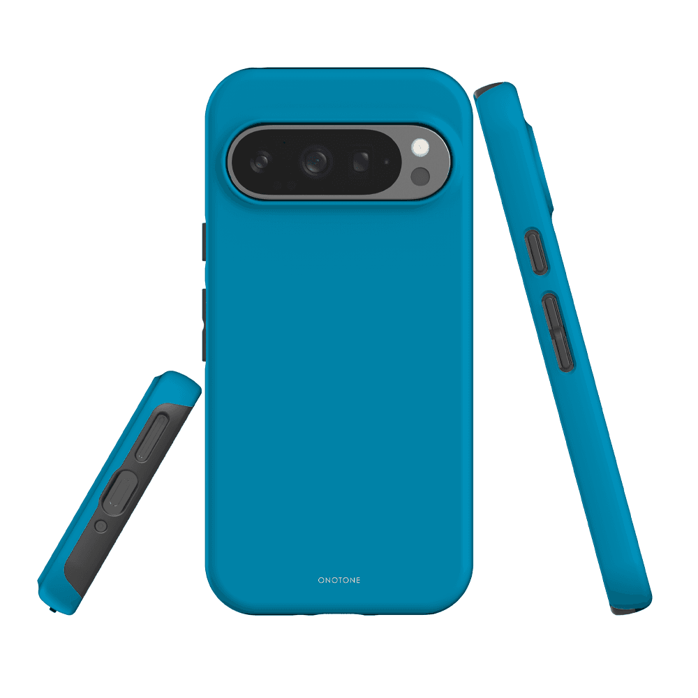 Durable Google Pixel Case in Pantone 313 blue, offering TPU lining and polycarbonate shell for enhanced drop and scratch resistance.