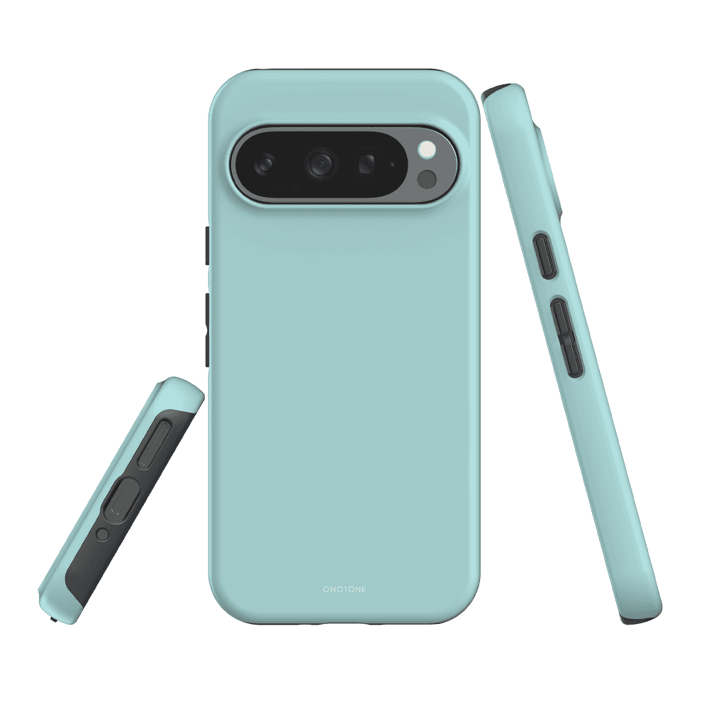 Dual-layer Google Pixel Case - Pantone 317 in soft blue, designed for impact absorption and screen protection with precise cutouts.