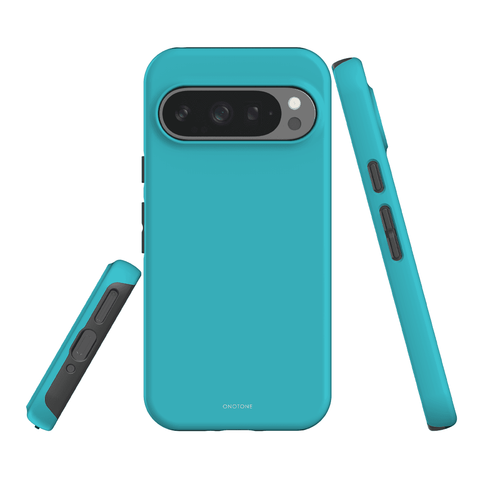 Durable Google Pixel Case - Pantone 319 for Pixel 7, featuring polycarbonate and TPU layers for impact resistance and sleek cyan finish.