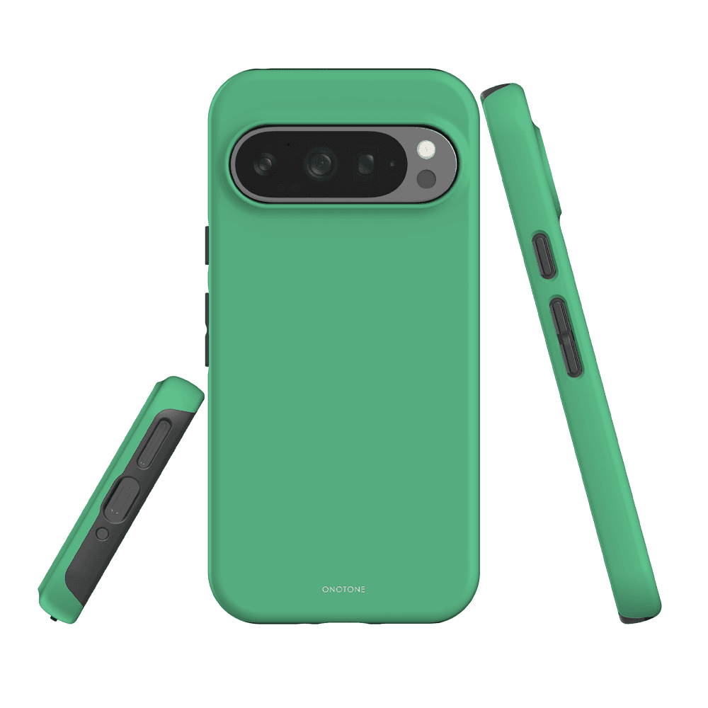 Shockproof Google Pixel Case - Pantone 353 green, dual-layer protection for Pixel 7 Pro, highlighting side buttons and camera cutout.