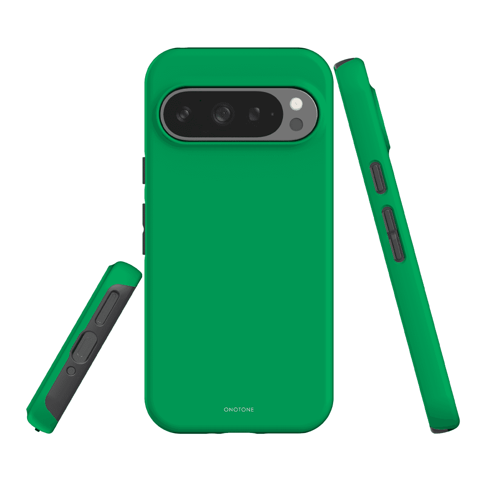 Durable Google Pixel Case in Pantone 354 green with shock-resistant build. Offers snug fit and tactile button covers for enhanced protection.