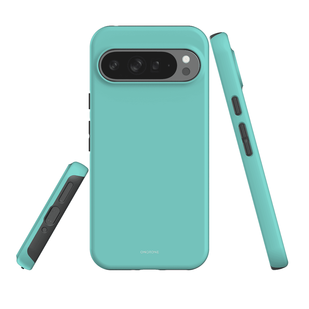 Google Pixel Case Dual-Layer - Turquoise Blue Cover with shock-resistant shell and soft lining, shown from multiple angles for Pixel 7 Pro.