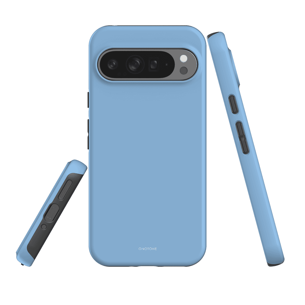 Google Pixel Case - Pantone 283 in light blue with shock-resistant dual-layer design, shown from back and side angles for Pixel 7 Pro.