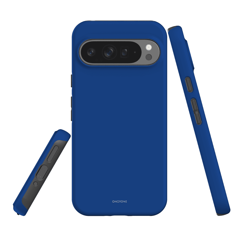Google Pixel Case in Pantone 286 blue with shock-resistant design and raised bevel for camera protection. Durable polycarbonate shell shown on Pixel 7 Pro.