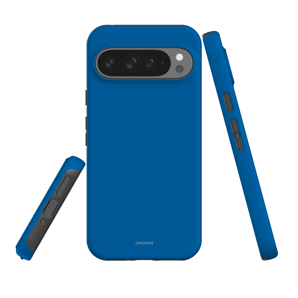 Google Pixel Case in Pantone 300 blue with shock-resistant dual-layer design. Features raised bevel for screen protection and precise camera cutout.
