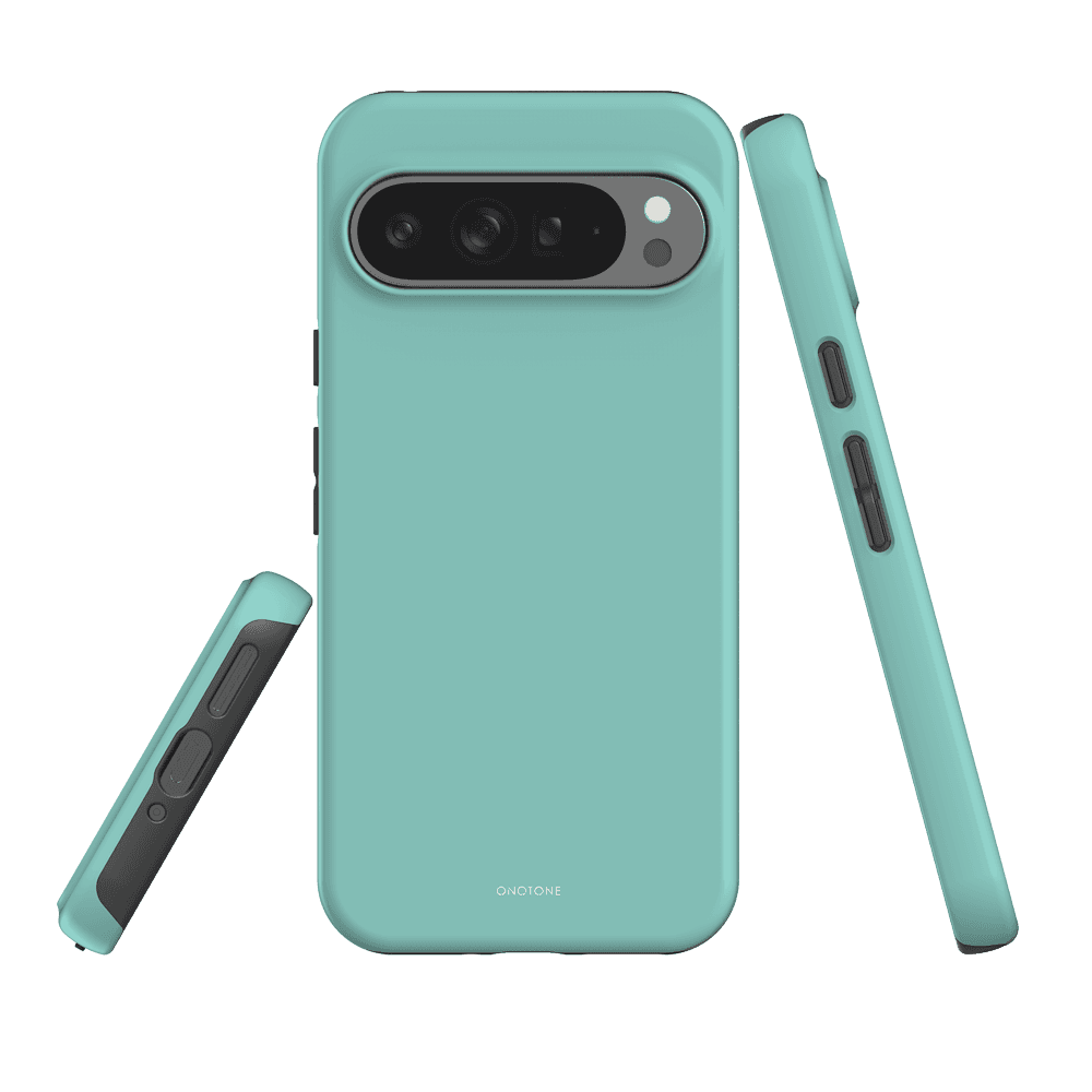 Google Pixel Case Pantone 332 with shock-resistant shell and raised bevel, shown on Pixel 7 Pro in mint green finish.