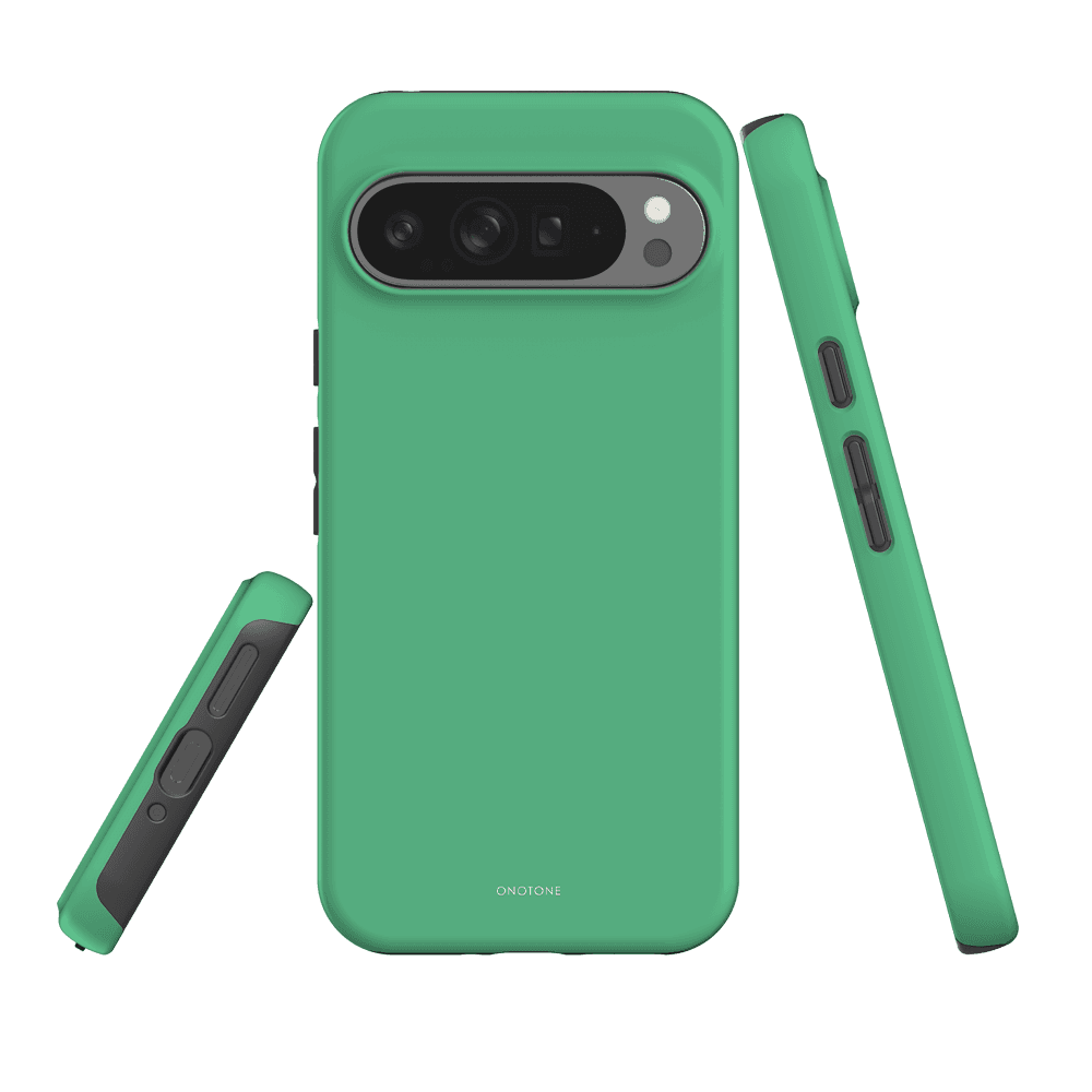 Google Pixel Case in Pantone 353 green with shockproof dual-layer design, shown from multiple angles for Pixel 7 Pro compatibility.