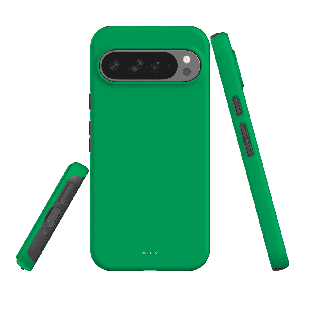 Google Pixel Case in Pantone 354 green with dual-layer shock absorbent design. Features raised bevel for screen protection and precise camera cutout.