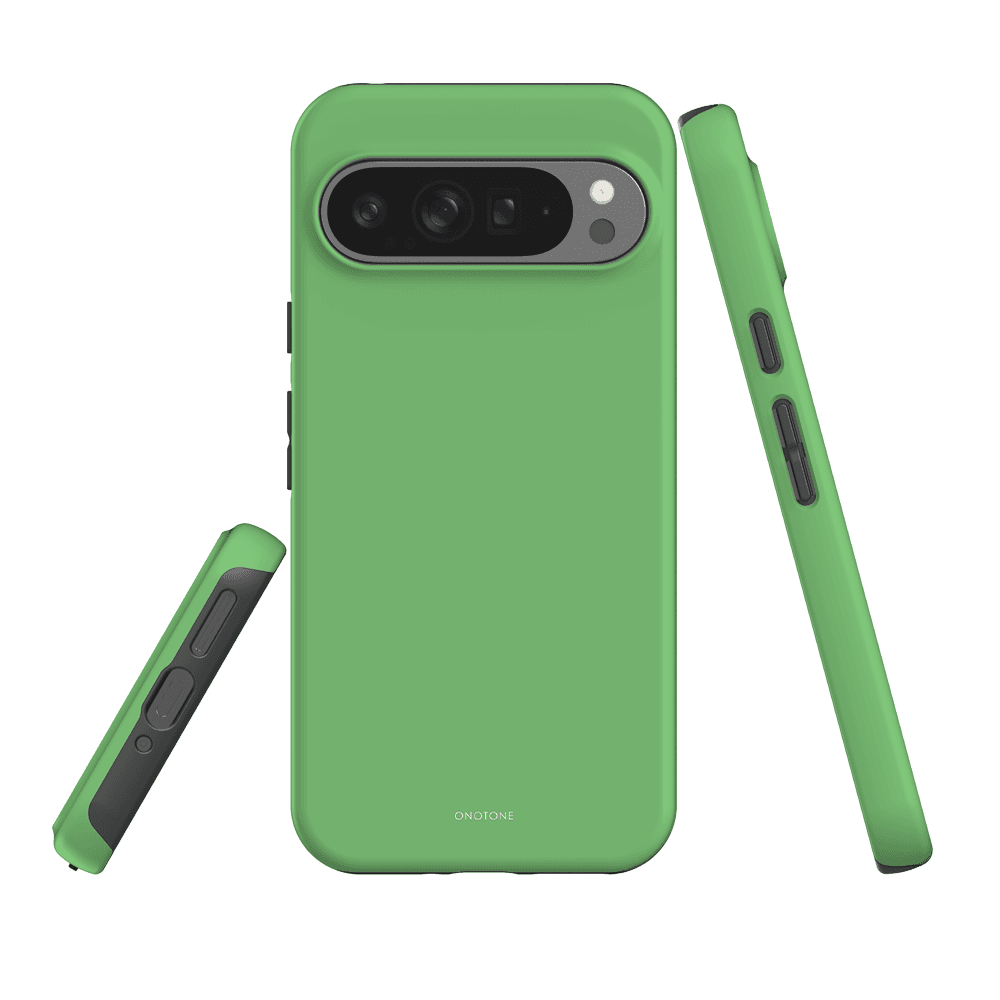 Google Pixel Case - Pantone 359 with dual-layer protection, shown on Pixel 7 Pro. Features shock-resistant polycarbonate and soft TPU lining.