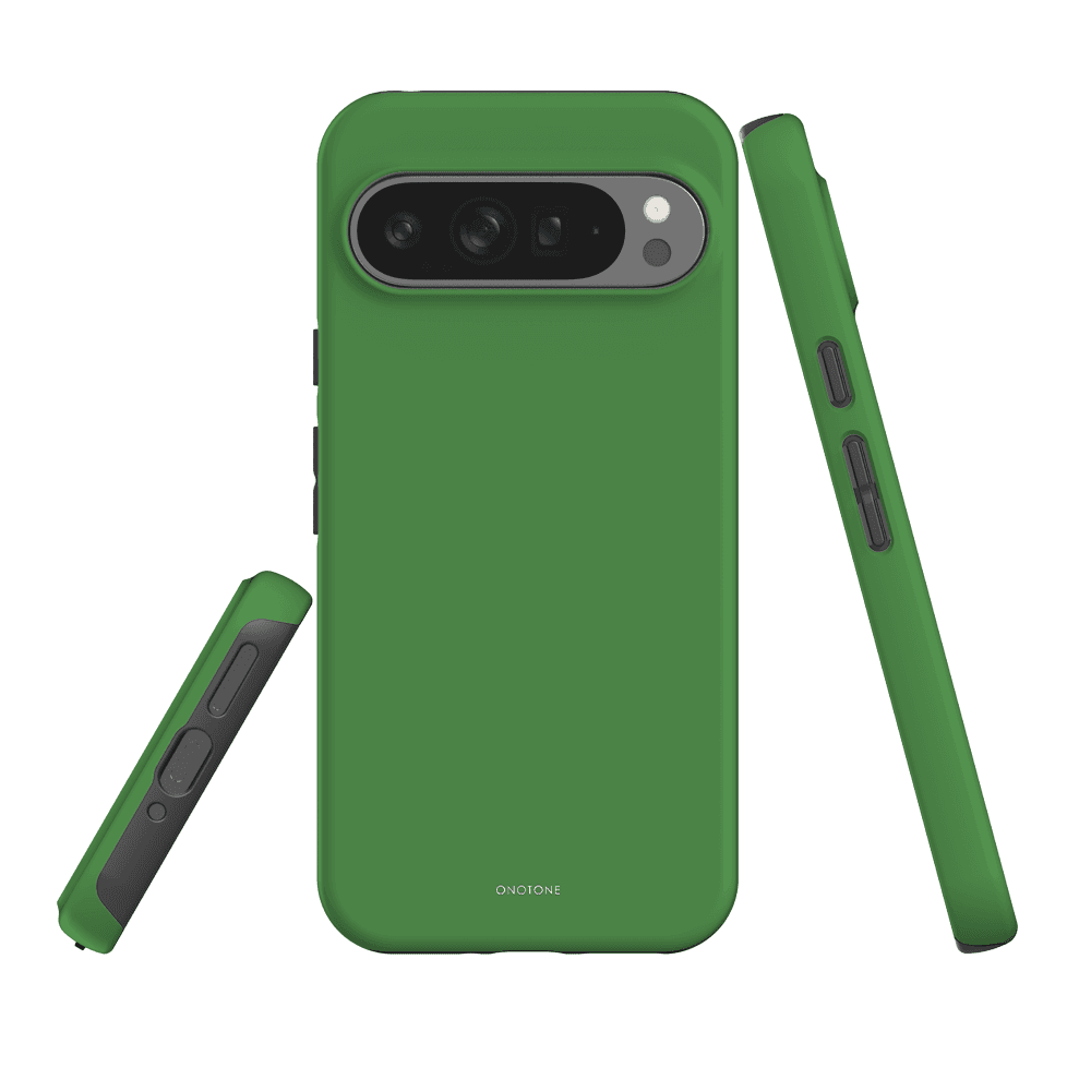 Google Pixel Case in Pantone 362 green with dual-layer protection and shock-resistant build. Features precise cutouts for camera and buttons.