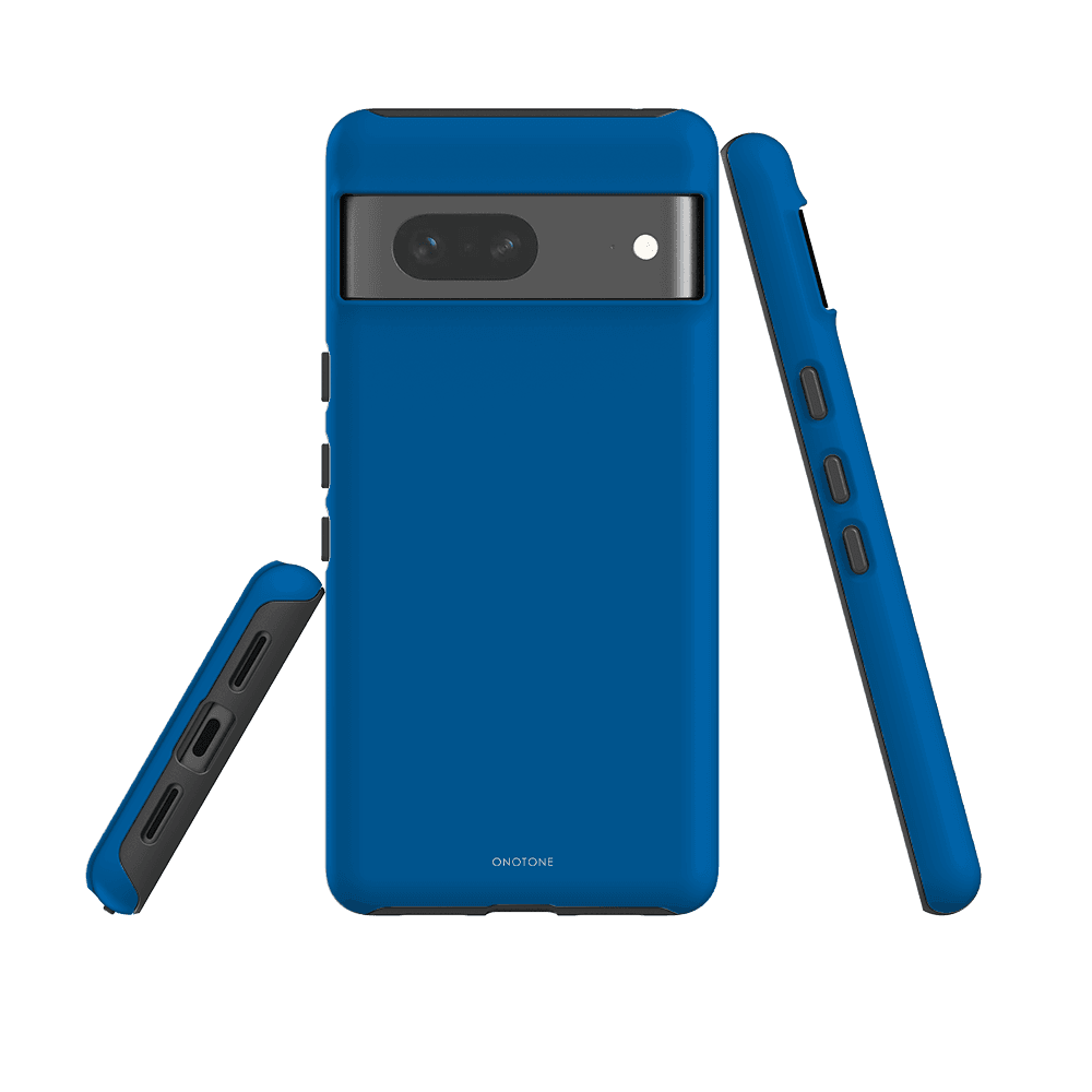 Durable Google Pixel Case in Pantone 300 blue for Pixel 6a. Features dual-layer shock resistance and raised edges for screen and camera safety.