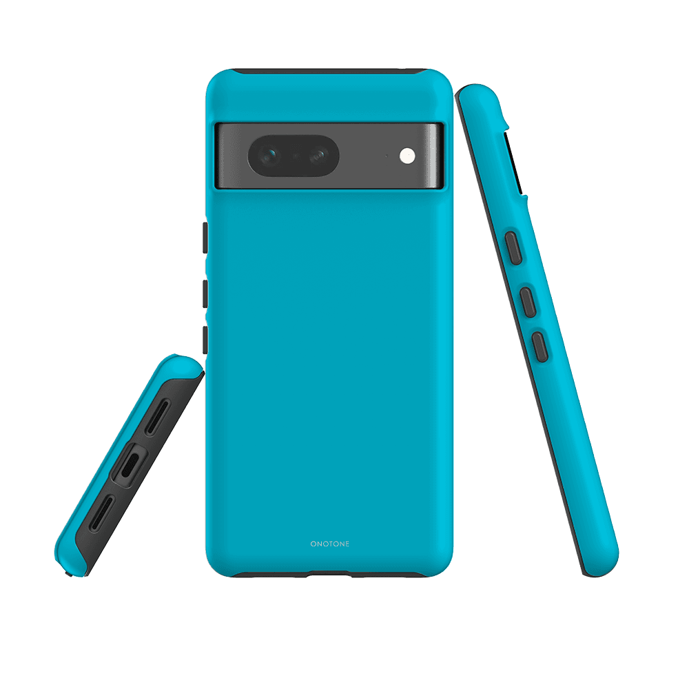 Shock-resistant Google Pixel Case - Pantone 311 for Pixel 6a. Features polycarbonate shell and TPU lining with precise button cutouts.