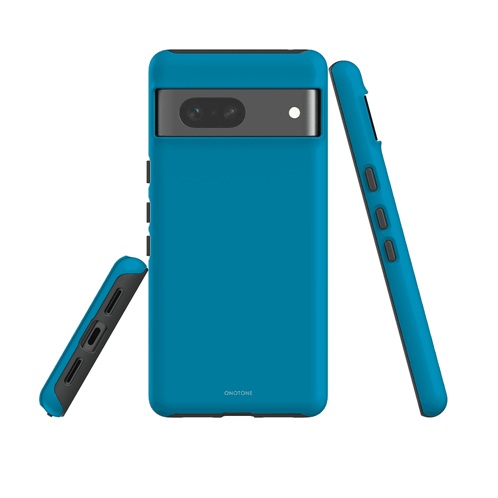 Protective Google Pixel Case in Pantone 313 with dual-layer shock absorption, raised camera bezel, and anti-slip matte texture.