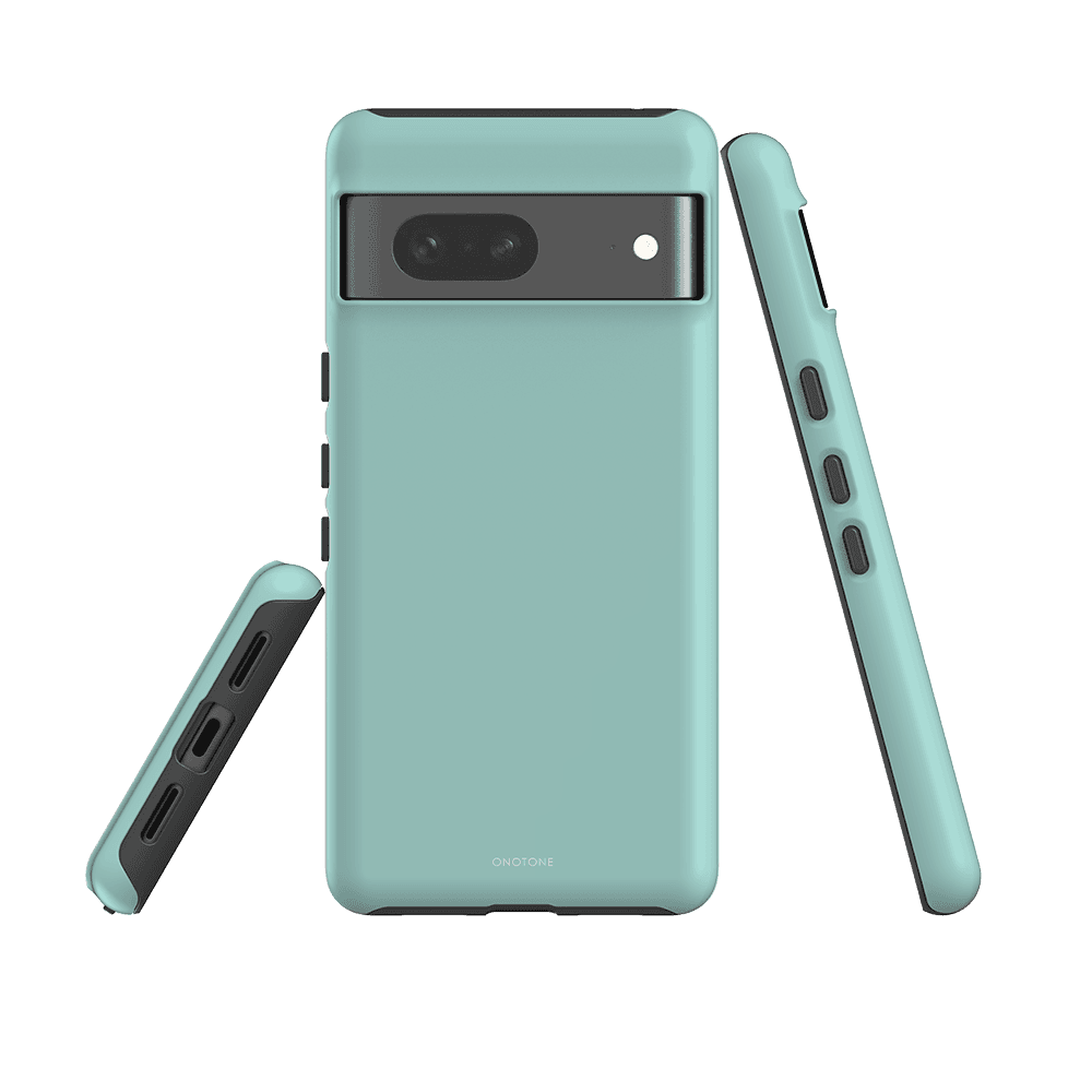Google Pixel Case - Pantone 331 for Pixel 6A in mint green. Shock-resistant polycarbonate shell with precise cutouts and ergonomic button covers.