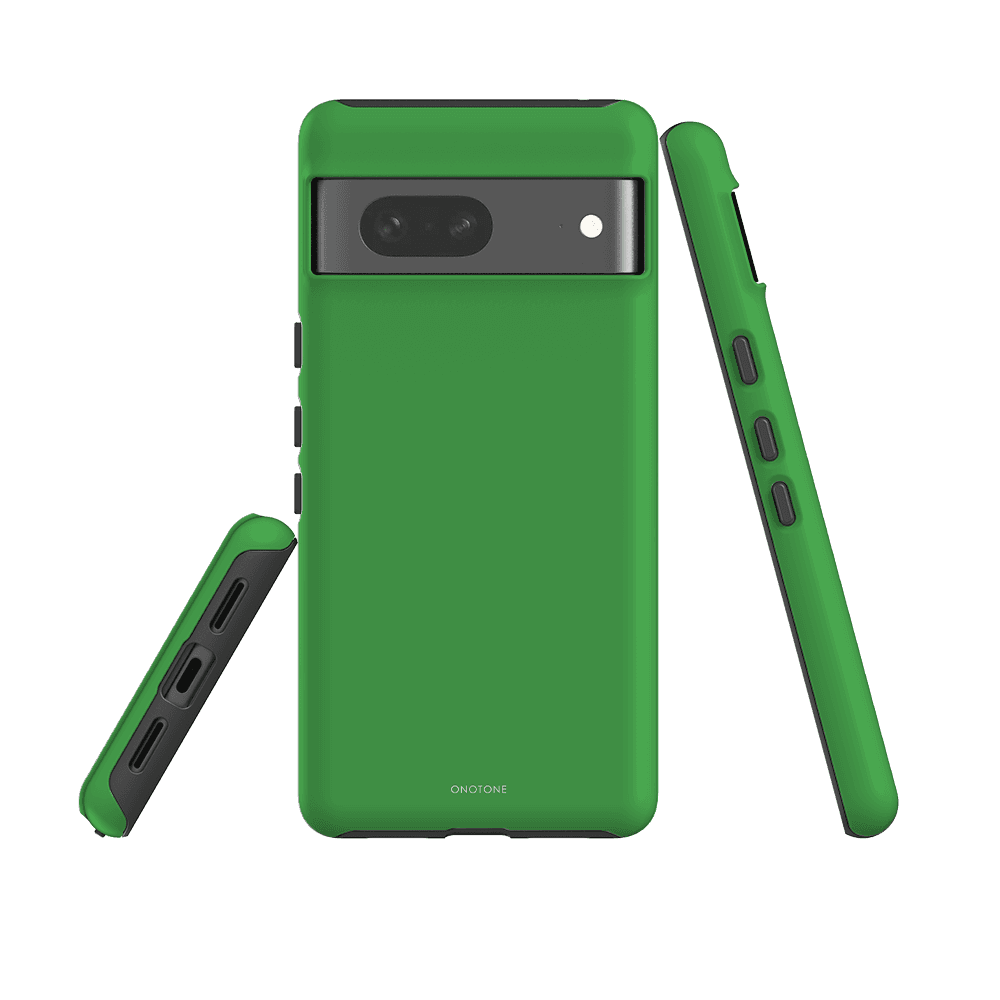 Shockproof Google Pixel Case - Pantone 361 for Pixel 6a, dual-layered green case with reinforced edges and camera protection.