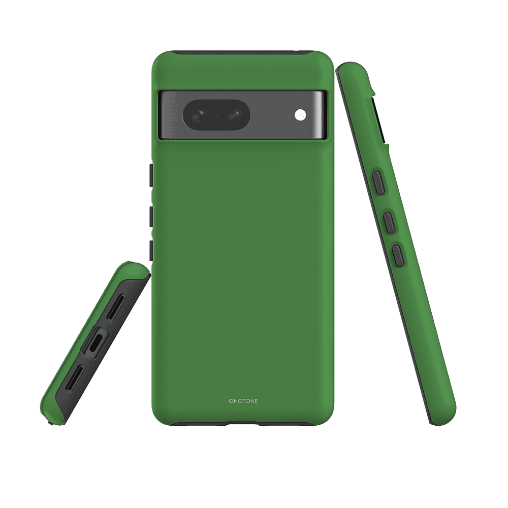 Shock-absorbing Google Pixel Case in Pantone 362 green with dual-layer construction and raised bezel for screen protection.