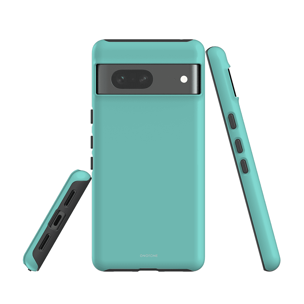 Dual-layer turquoise blue Google Pixel case for Pixel 6a, built with impact-absorbing materials and precise button cutouts for usability.
