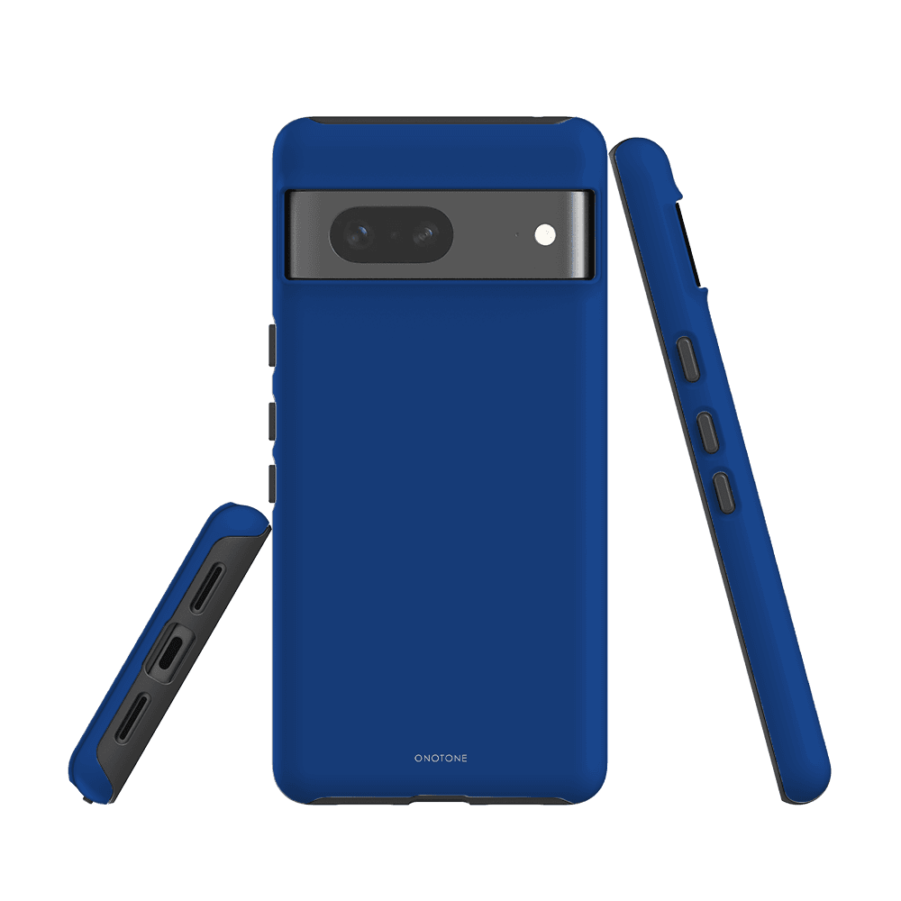 Google Pixel 6a case in Pantone 286 blue with rugged polycarbonate shell and TPU lining. Raised edges offer screen and camera protection.