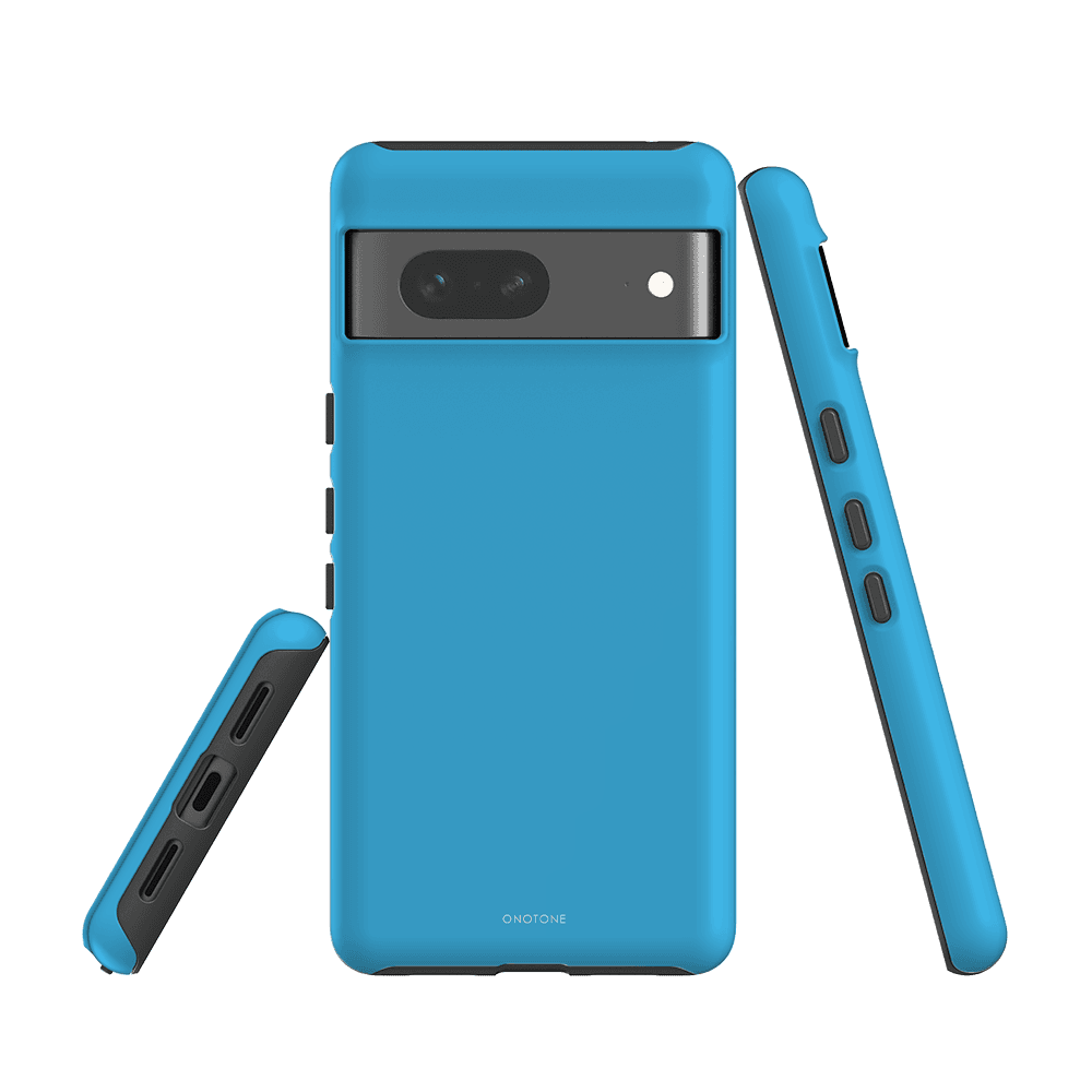 Shockproof Google Pixel Case in Pantone 298 for Pixel 6a, offering dual-layer protection with tactile button covers and slim profile.