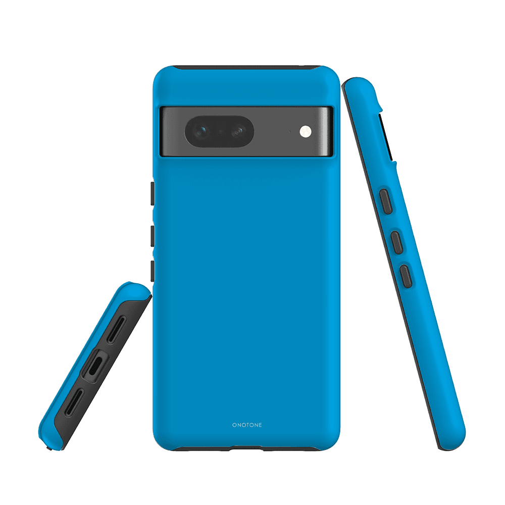 Durable Google Pixel Case Pantone 299 for Pixel 6a with dual-layer protection and precise button covers. Bold blue color with black accents.