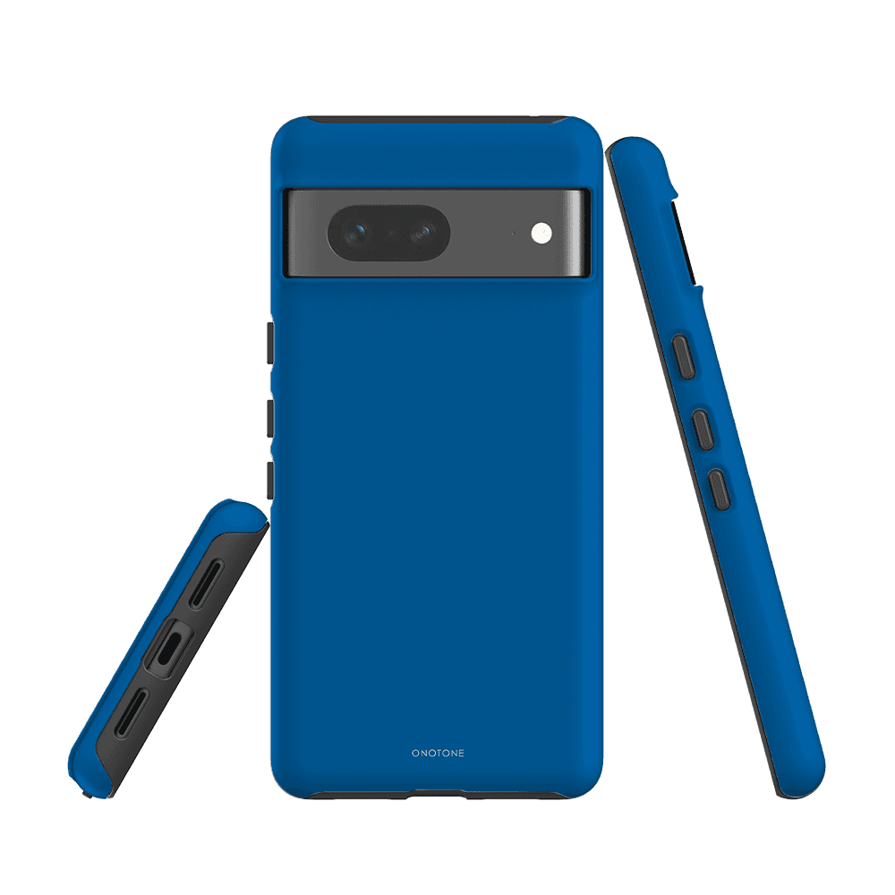 Pantone 300 blue Google Pixel Case with shock-absorbing TPU and polycarbonate shell. Designed for Pixel 6a with full button and port access.