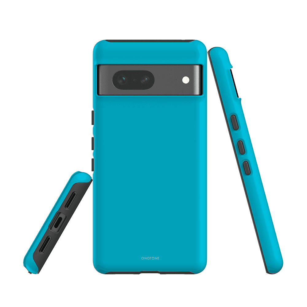 Google Pixel Case - Pantone 311 for Pixel 6a. Dual-layer protection with bold blue color and soft-touch finish for grip and comfort.