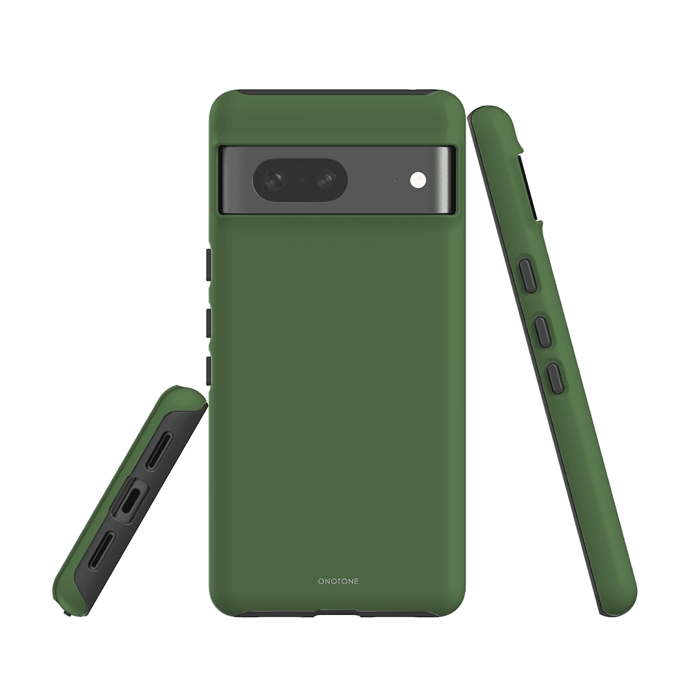 Google Pixel Case - Pantone 364 for Pixel 5a. Solid green case with dual-layer shock absorption and raised edges for screen safety.