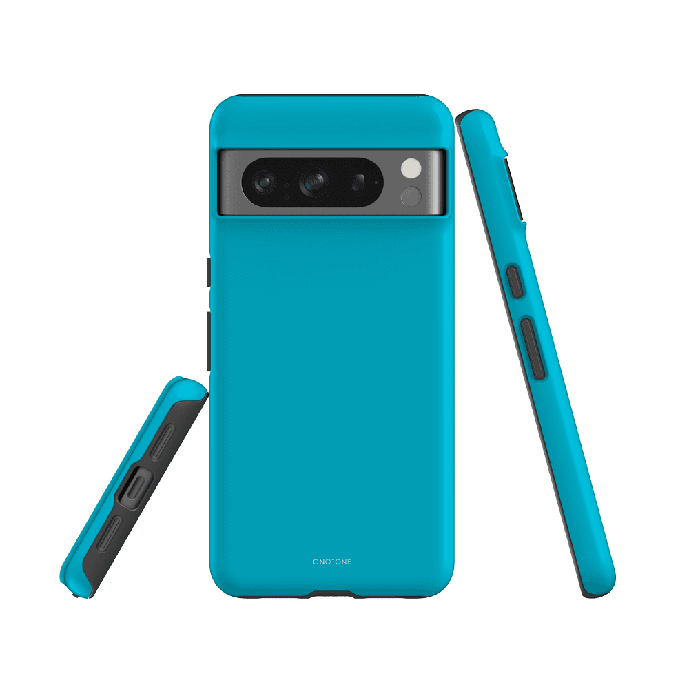 Google Pixel Case - Pantone 311 for Pixel 7 Pro. Features dual-layer build with vibrant blue finish and reinforced corners for drop protection.