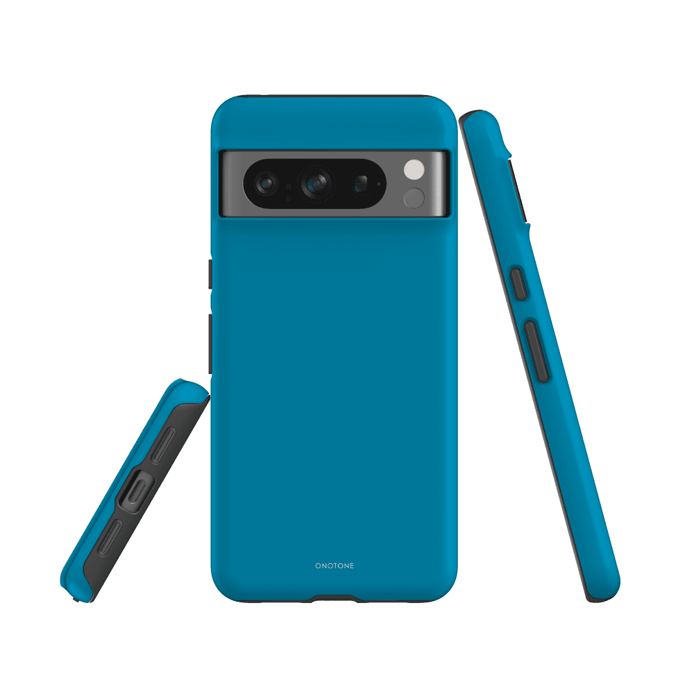 Shock-resistant Google Pixel Case in Pantone 313, designed with a hard shell and soft TPU interior for maximum impact absorption.