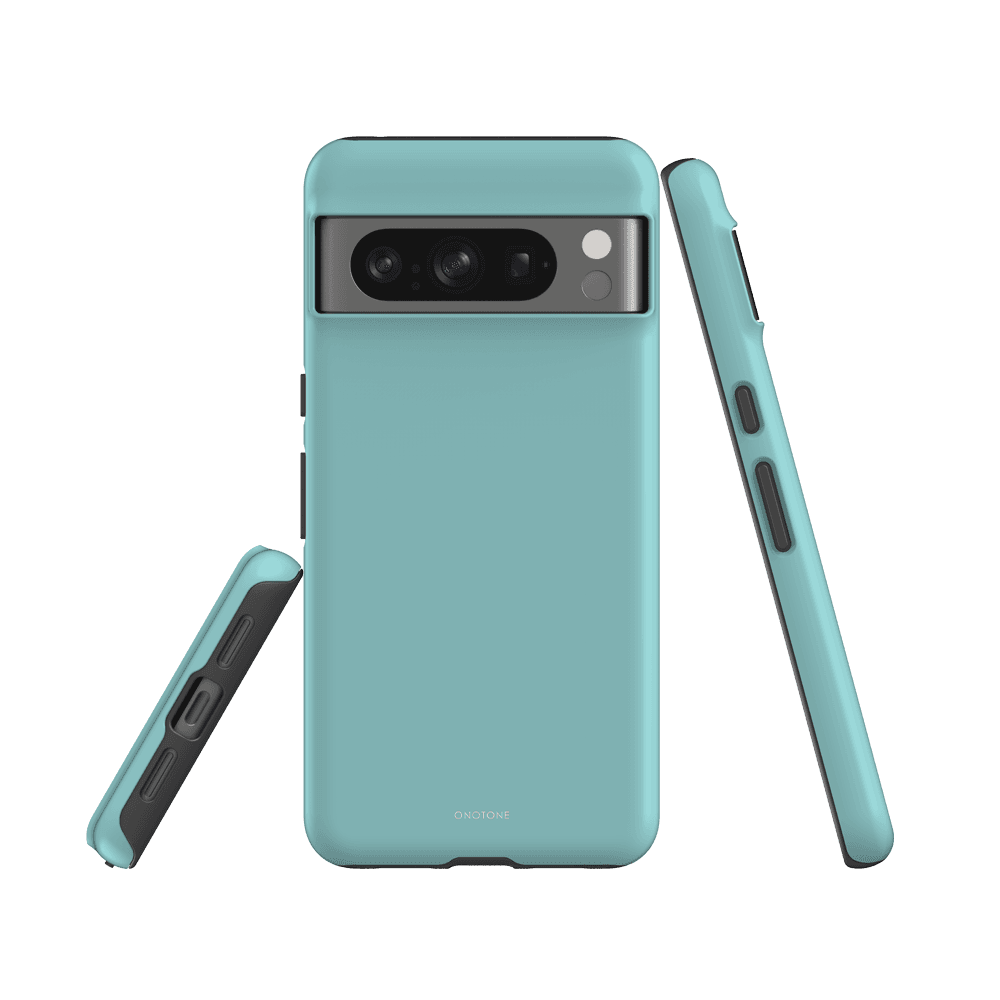 Dual-layer Google Pixel Case - Pantone 324 in pastel blue, showcasing snug fit and reinforced corners for impact resistance.