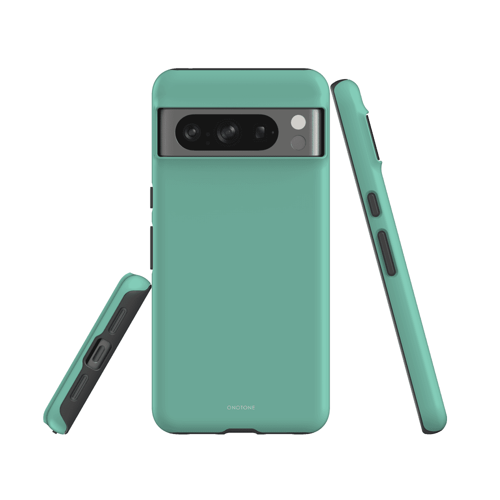 Shock-resistant Google Pixel Case - Pantone 337 with reinforced corners and snug fit for Pixel model with wide camera bar.