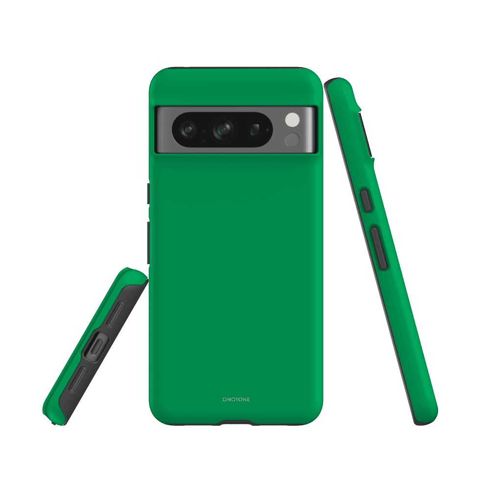 Shock-absorbent Google Pixel Case in Pantone 354 green with reinforced corners. Provides full camera and port access with durable construction.