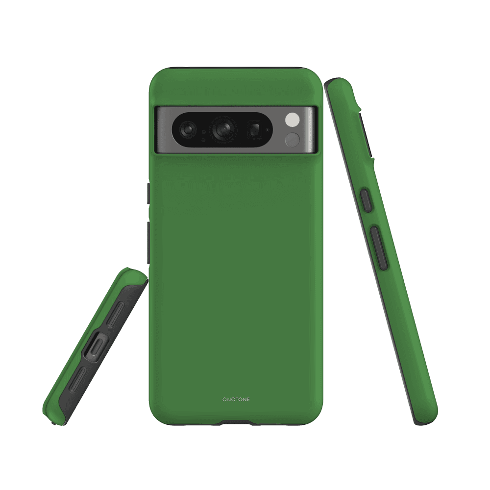 Durable Google Pixel Case in Pantone 362 green with reinforced corners and shock-absorbing dual-layer design for superior phone protection.