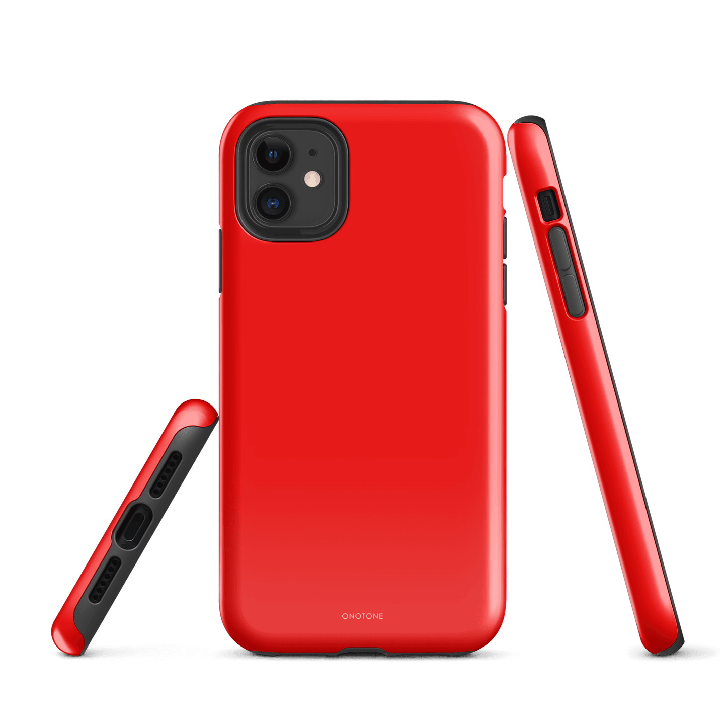 Bright red iPhone case with a glossy finish, featuring precise cutouts for camera, buttons, and ports, offering dual-layer protection.