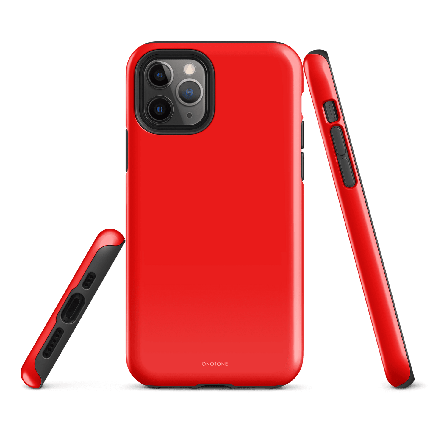Bright red iPhone case with a sleek neon finish, dual-layer protection, shock-resistant shell, and soft TPU lining, MagSafe compatible.