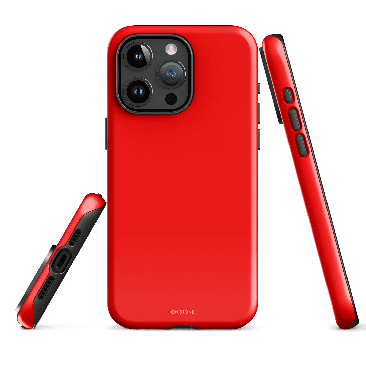 Bright red iPhone case with a glossy finish, featuring precise cutouts for camera, buttons, and ports, offering dual-layer protection.