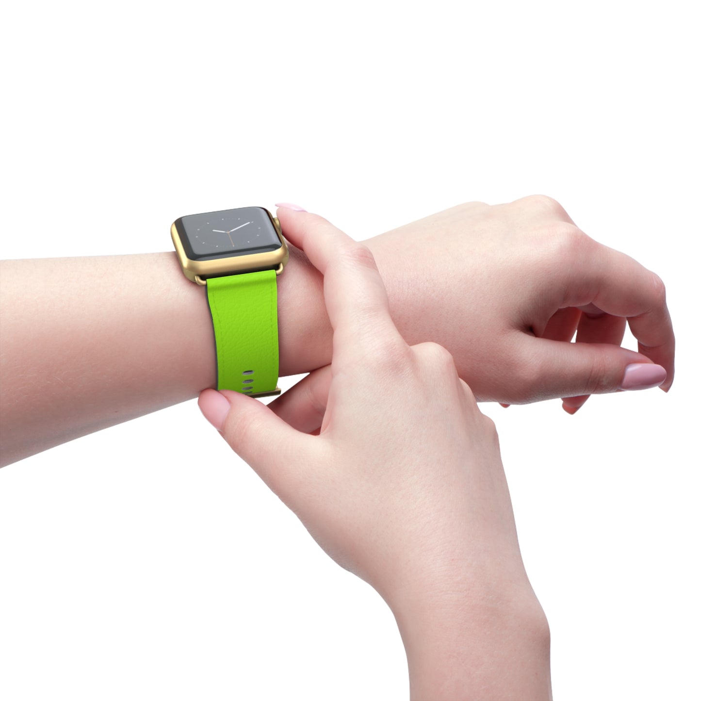 Neon Lime Apple Watch Band on wrist, gold buckle