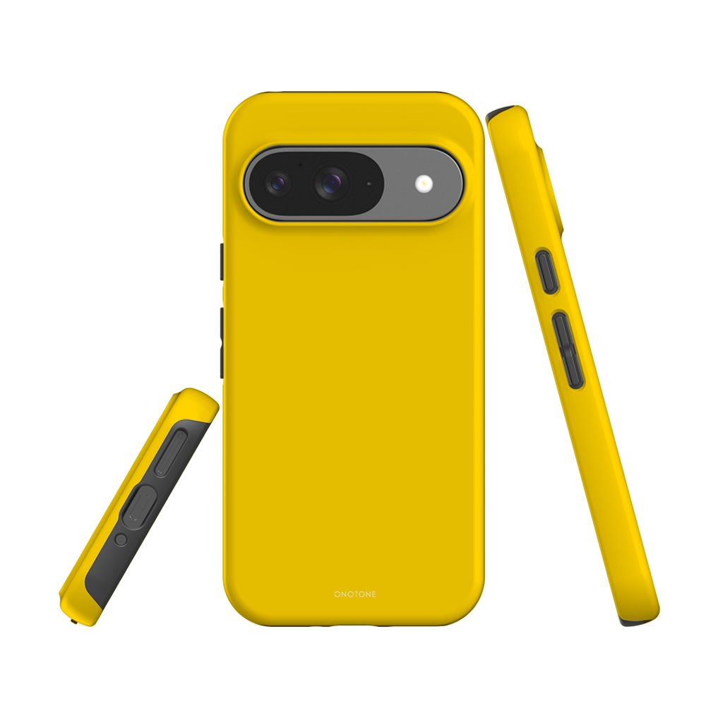 Shock-resistant yellow Google Pixel Case with raised bevel. Sleek and durable cover for everyday protection.