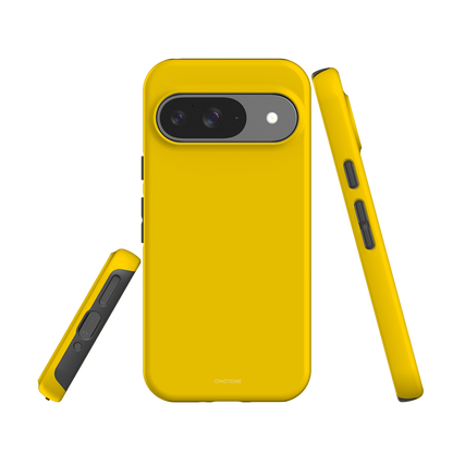 Shock-resistant yellow Google Pixel Case with raised bevel. Sleek and durable cover for everyday protection.