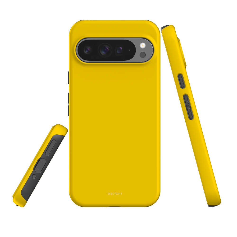 Yellow Google Pixel Case with shock-resistant build. Minimalist design with raised edges and durable dual-layer protection.