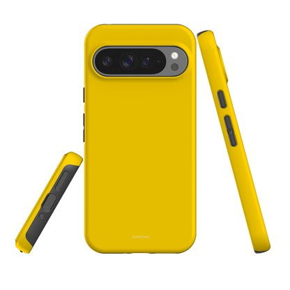 Yellow Google Pixel Case with shock-resistant build. Minimalist design with raised edges and durable dual-layer protection.